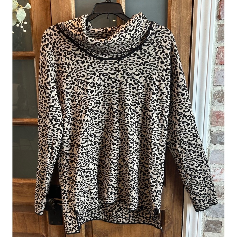 Calvin‎ Klein Sweater Women M Black Animal Print Cowl Neck Long Sleeve Knit Chic